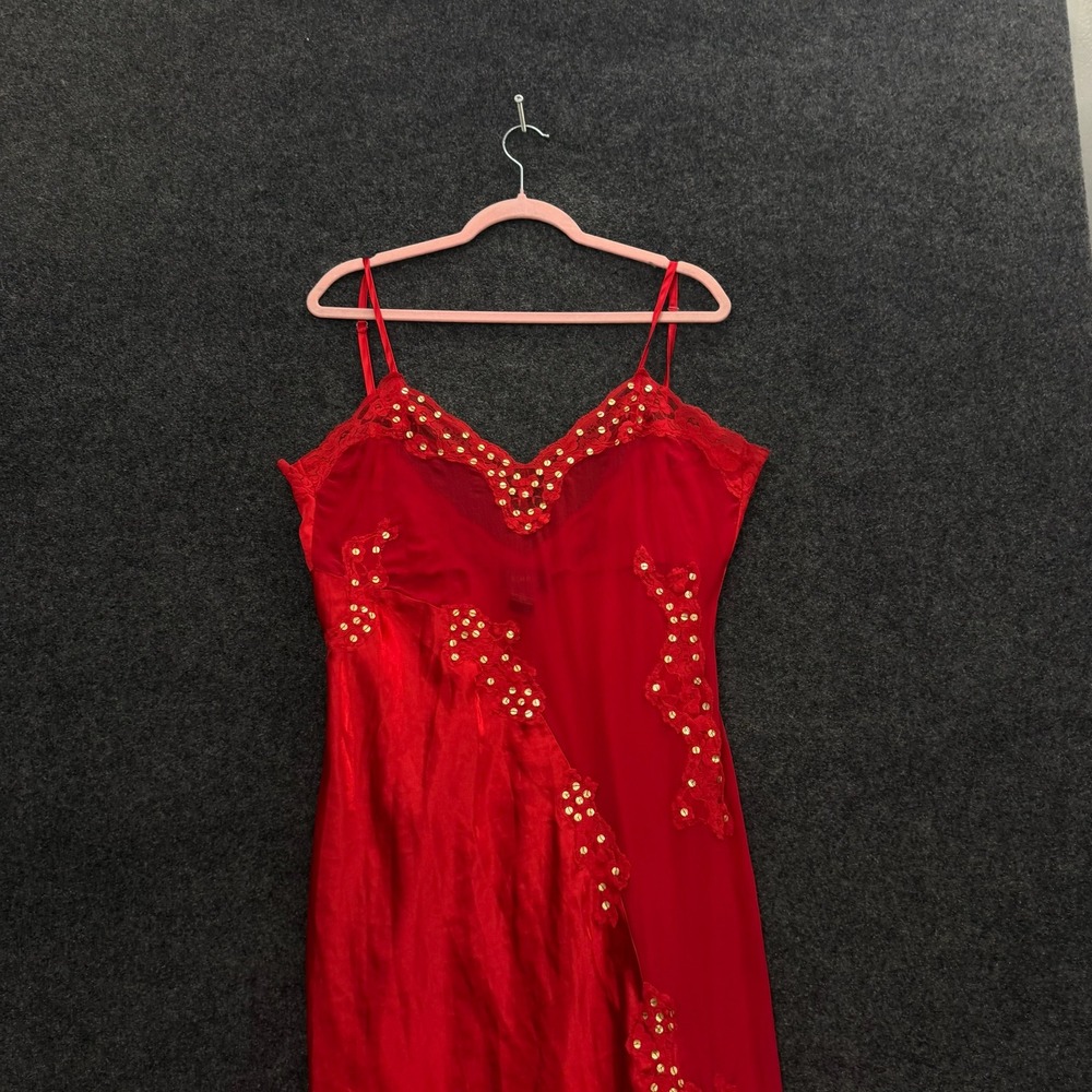 Vintage Ashro Red Satin Lace Sequin Maxi Nightgown Chemise Medium